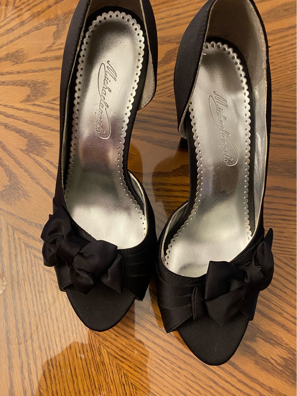 Michelangelo Black Satin Bow Peep-Toe Heels